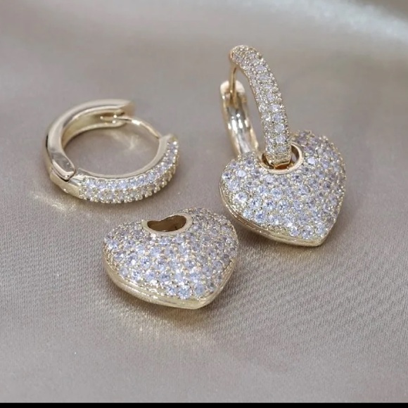 Gold Zircon Heart Dangle Earrings - Picture 6 of 6